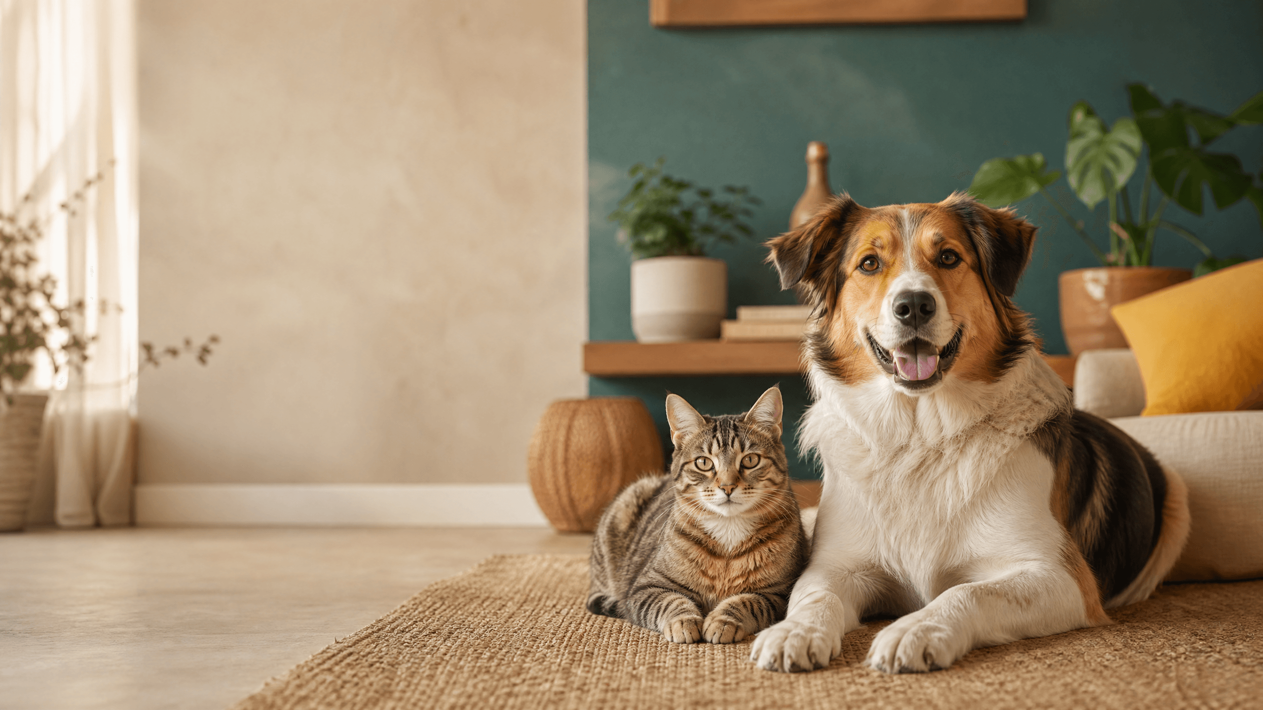 Cane e gatto rilassati insieme in un ambiente domestico luminoso